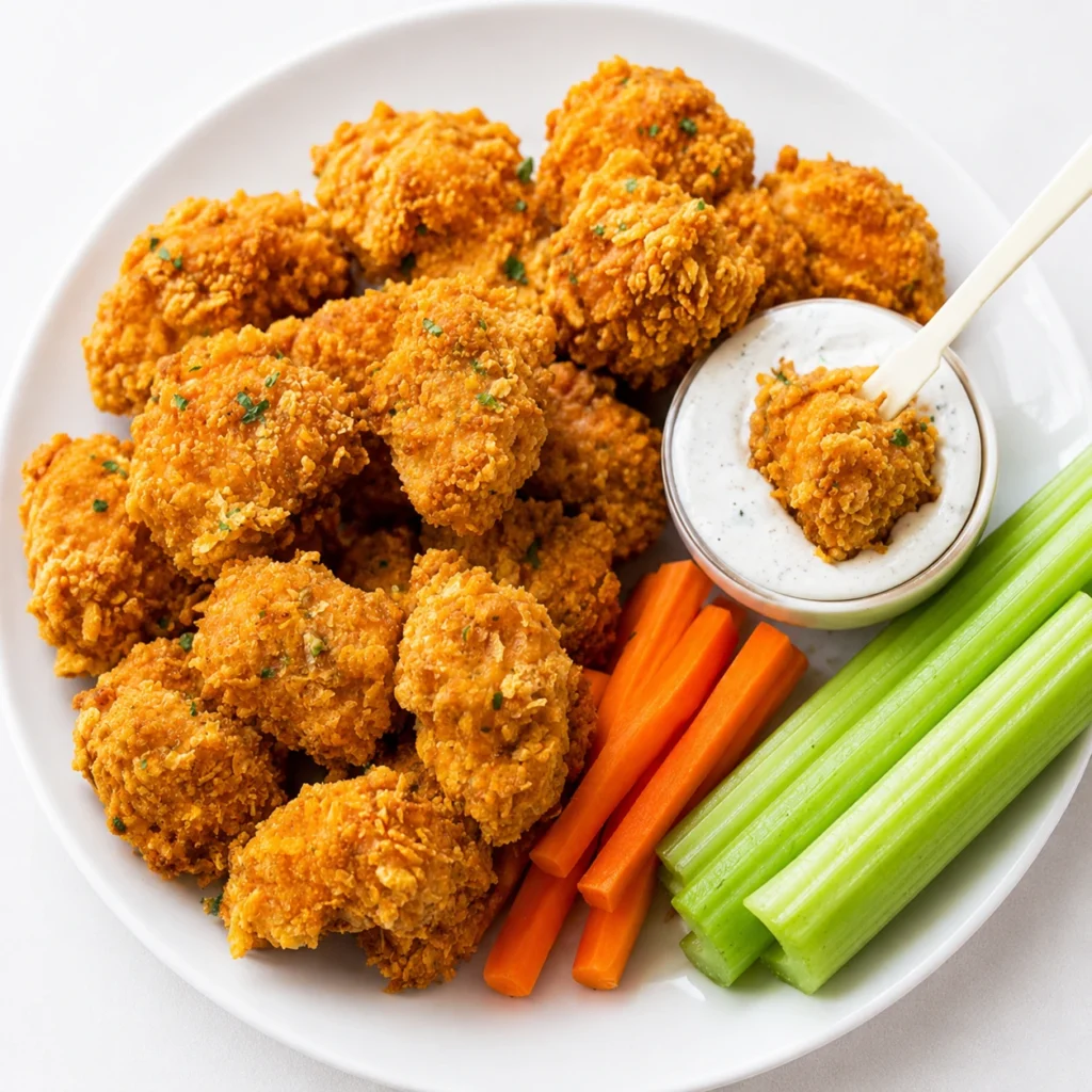 Crispy Buffalo Chicken Nuggets served on a white plate with celery sticks, carrot sticks, and creamy dipping sauce, perfect for a quick family dinner or game day snack.