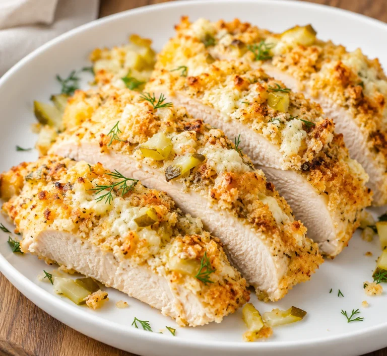 Crispy Dill Pickle Parmesan Chicken served on a white plate, topped with melted Parmesan, crunchy breadcrumb coating, diced dill pickles, and fresh dill garnish.
