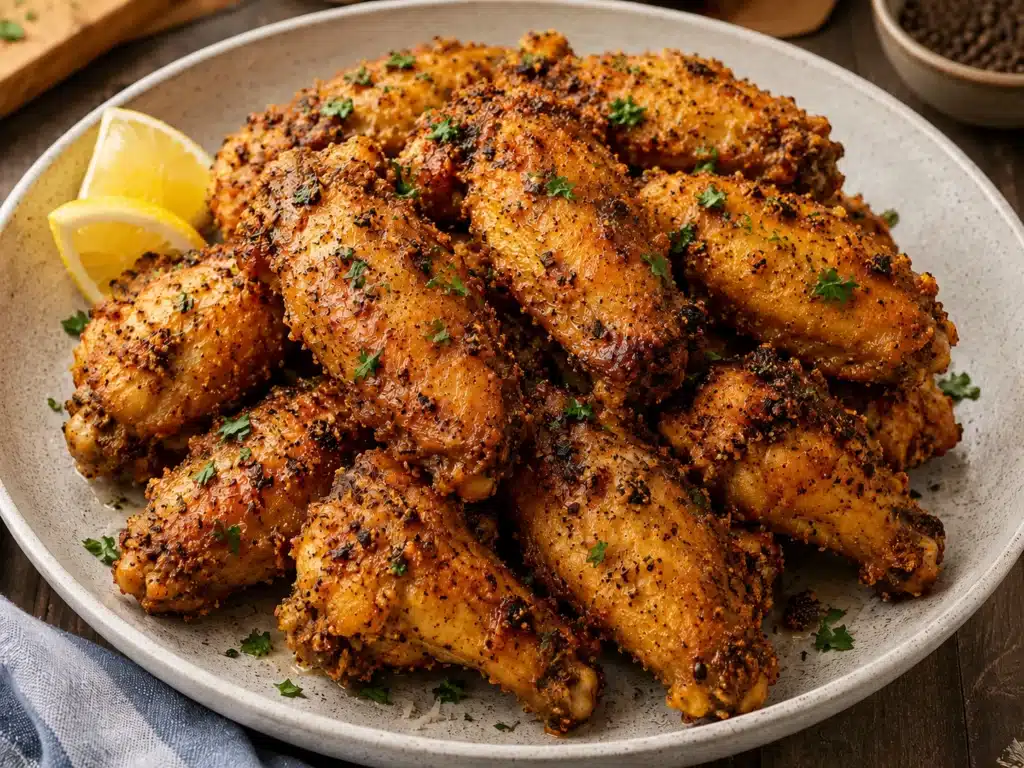 Crispy Garlic Parmesan Chicken Wings served on a rustic beige plate with golden-brown crispy skin, garlic seasoning, fresh parsley, and lemon wedges.