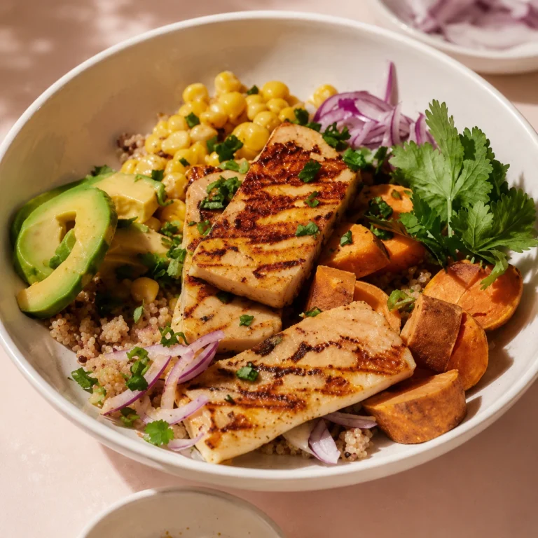 Crispy Halloumi Harvest Bowl with grilled halloumi cheese, quinoa, roasted sweet potatoes, avocado, sweet corn, red onion, and fresh cilantro in a creamy white bowl.