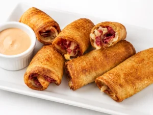 keto crispy Reuben roll-ups served on a white plate with a creamy dipping sauce, featuring a golden crunchy exterior and a savory corned beef filling.