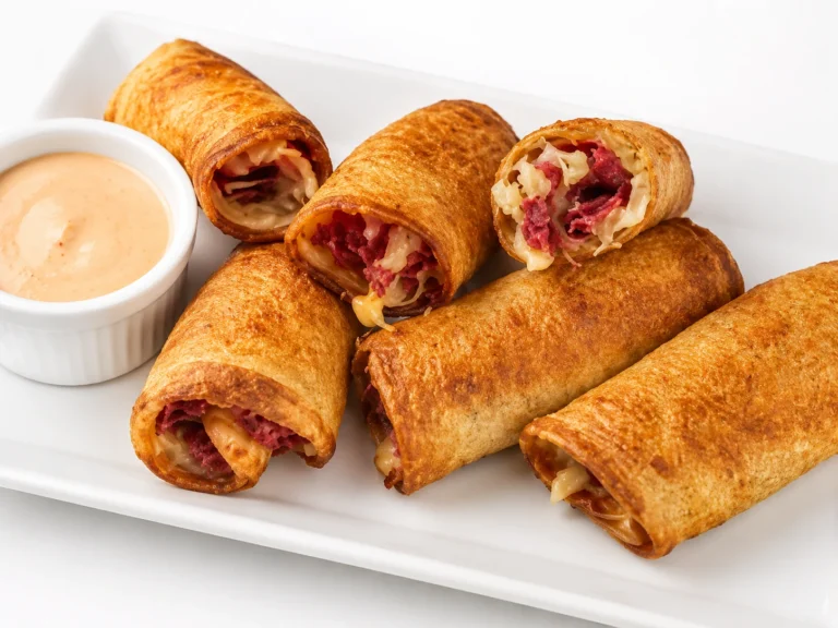 keto crispy Reuben roll-ups served on a white plate with a creamy dipping sauce, featuring a golden crunchy exterior and a savory corned beef filling.