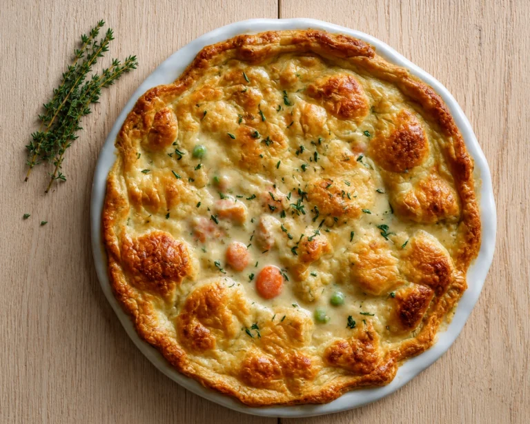 Delicious Coastal Storm Pot Pie baked in a white dish with a golden flaky crust and creamy seafood filling on a light wood surface.