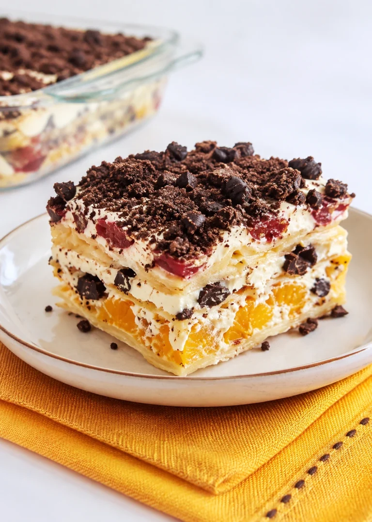 Dessert Lasagna Recipe served on a ceramic plate with creamy cheesecake layers, chocolate chunks, cookie crumble topping, and fruit filling.