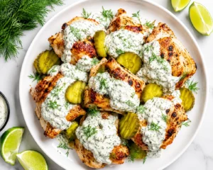 Dill Pickle Ranch Chicken Salad served on a white round plate with juicy grilled chicken, creamy ranch dill sauce, pickle slices, fresh dill, and lime wedges.