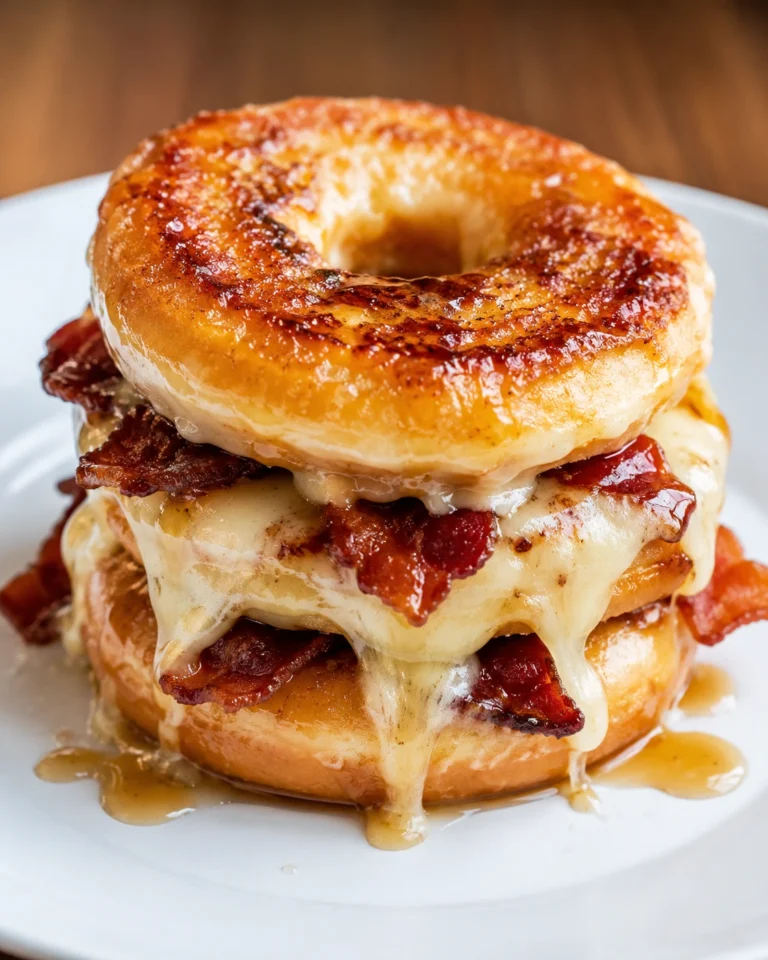 Donut Grilled Cheese with Bacon Maple served on a white plate with crispy bacon, melted cheese, maple glaze, and glazed donuts used as buns.