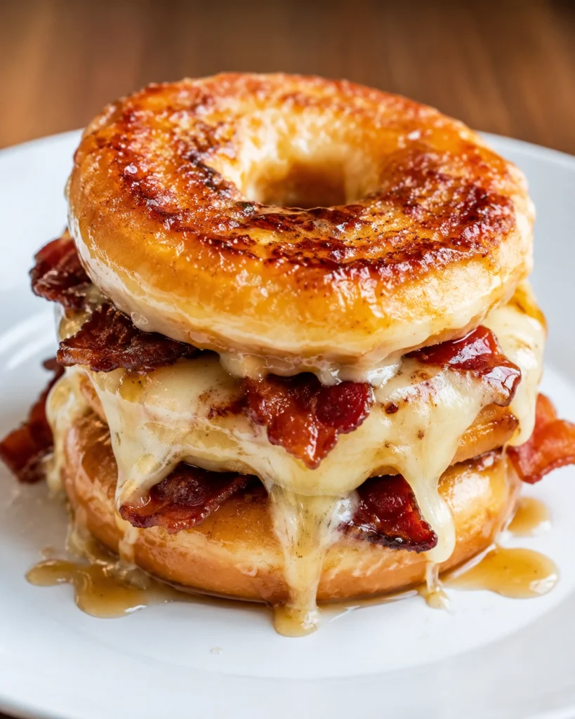 Donut Grilled Cheese with Bacon Maple served on a white plate with crispy bacon, melted cheese, maple glaze, and glazed donuts used as buns.