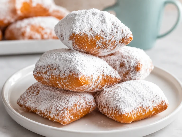 Easy Buttermilk Beignets stacked on a white plate and generously dusted with powdered sugar, creating a fluffy and golden homemade Southern-style treat.