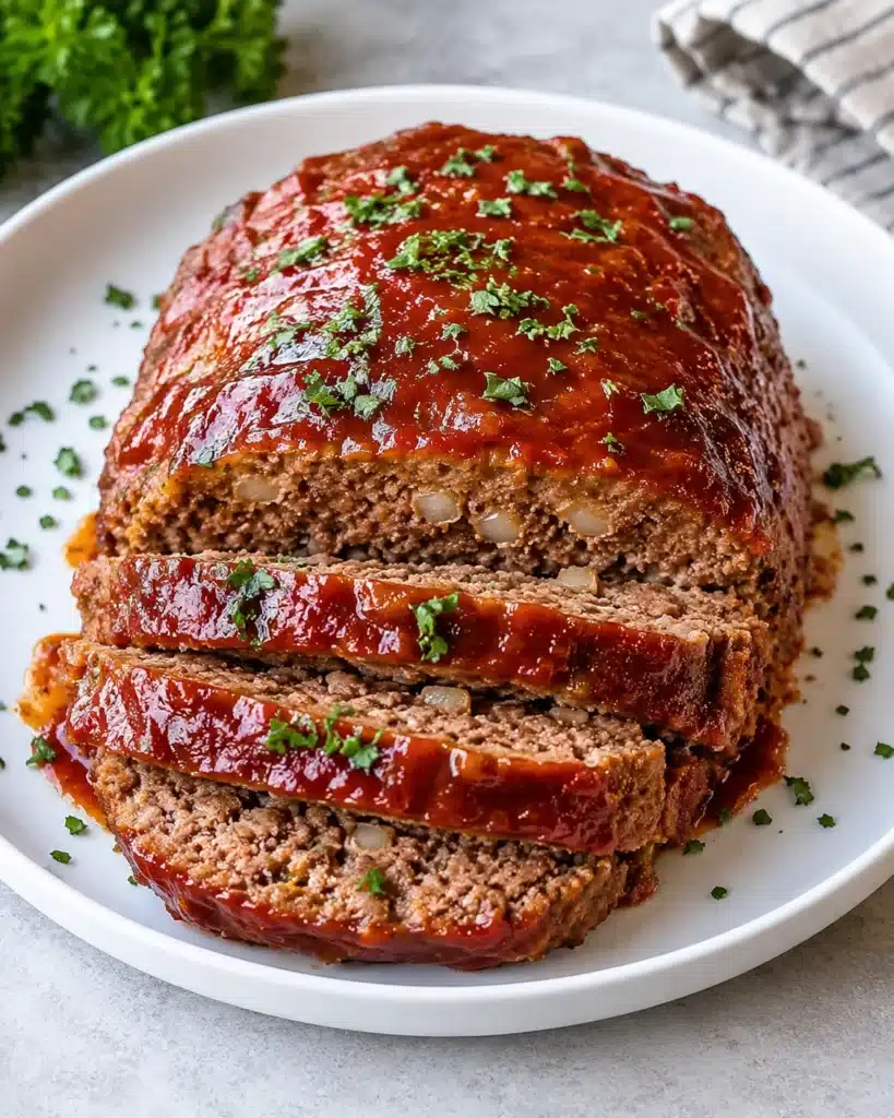 Perfectly Ramsay Moist Meatloaf served on a white round plate with a glossy ketchup glaze, tender slices, and fresh parsley garnish.