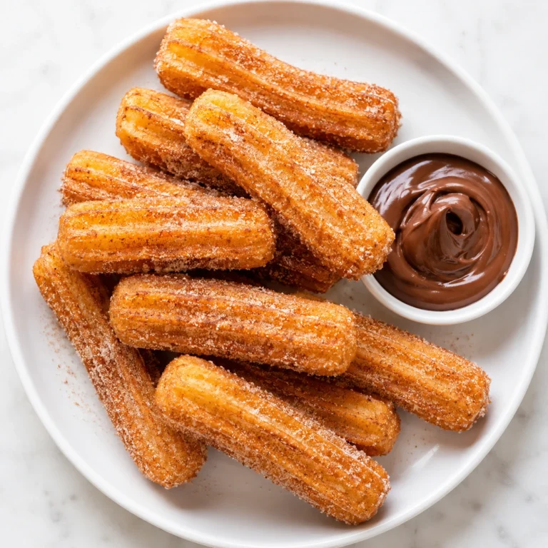 Easy Spanish Churros Recipe served on a white round plate with cinnamon sugar coating and rich chocolate dipping sauce. Crispy homemade churros photographed from above.