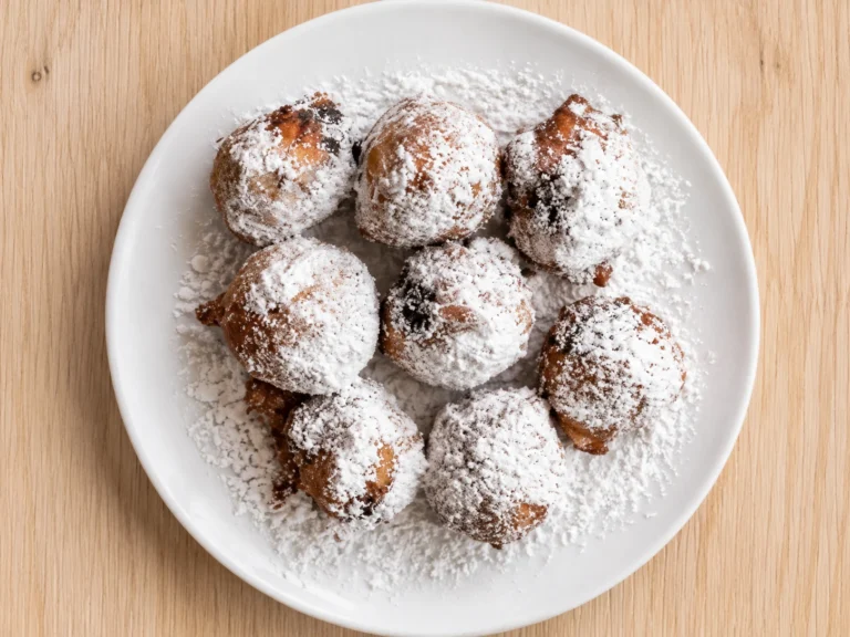 Fried Oreo Beignets dusted with powdered sugar served on a white round plate over a light wooden table, photographed from above.