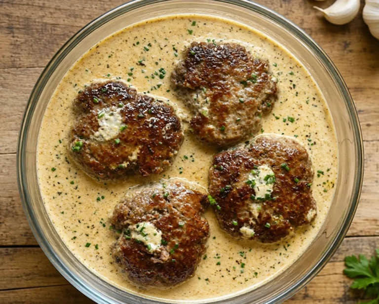 Garlic Parmesan Salisbury Steak served in a clear glass bowl with creamy Parmesan garlic sauce and fresh herbs, photographed from above.
