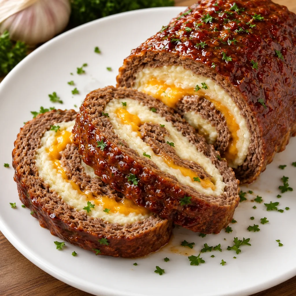 Garlic Parmesan Stuffed Meatloaf Roll sliced on a white plate, featuring a juicy beef meatloaf wrapped around creamy garlic parmesan mashed potatoes and melted cheddar cheese.