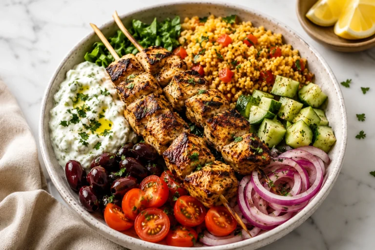 Greek Chicken Souvlaki Mediterranean Bowl with grilled chicken skewers, creamy tzatziki, cucumber, cherry tomatoes, red onion, olives, and couscous in a healthy Mediterranean meal bowl.