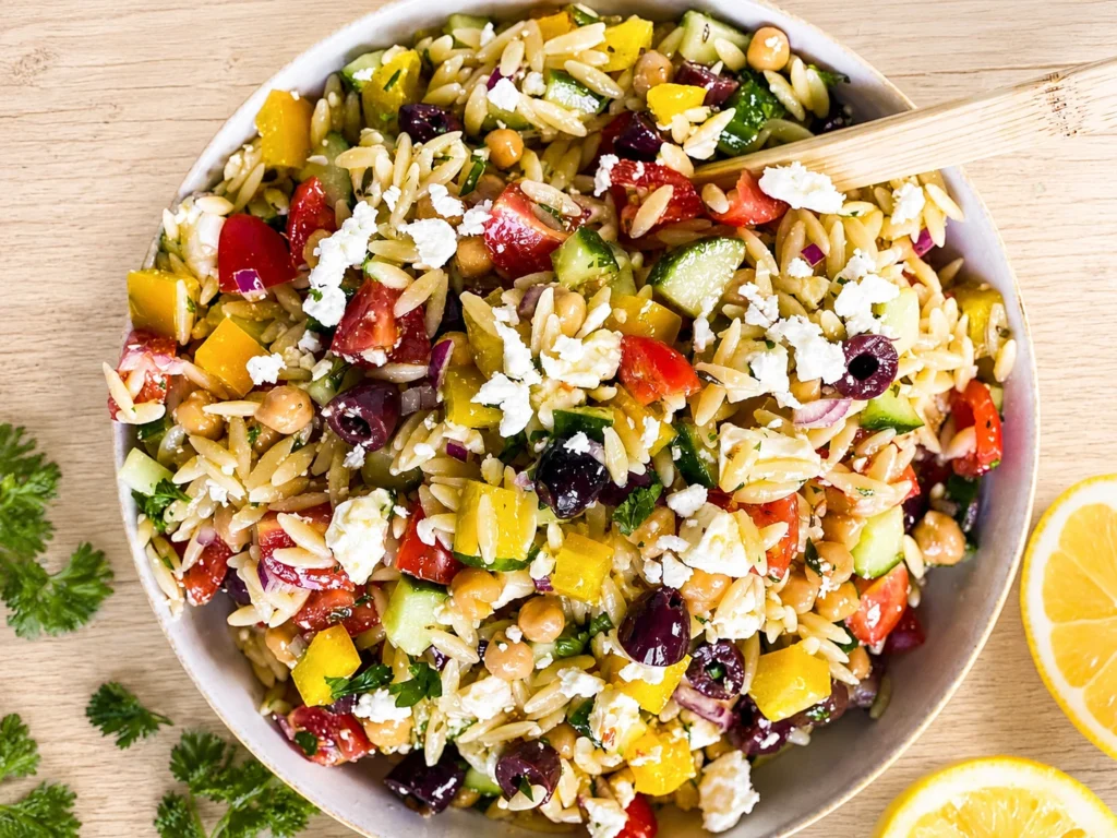 Greek Orzo Salad served in a bowl with orzo pasta, feta cheese, cucumbers, tomatoes, chickpeas, olives, yellow bell peppers, and fresh herbs on a light beige wooden surface.