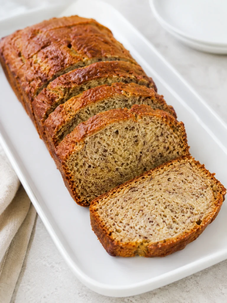 Greek Yogurt Banana Bread sliced and served on a white platter, featuring a moist texture, golden crust, and rich banana flavor.