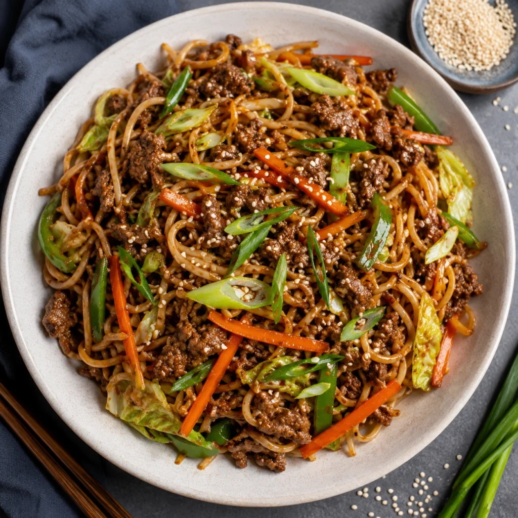 Ground Beef Chow Mein Recipe served in a white round plate with tender noodles, seasoned ground beef, cabbage, carrots, green onions, and sesame seeds.