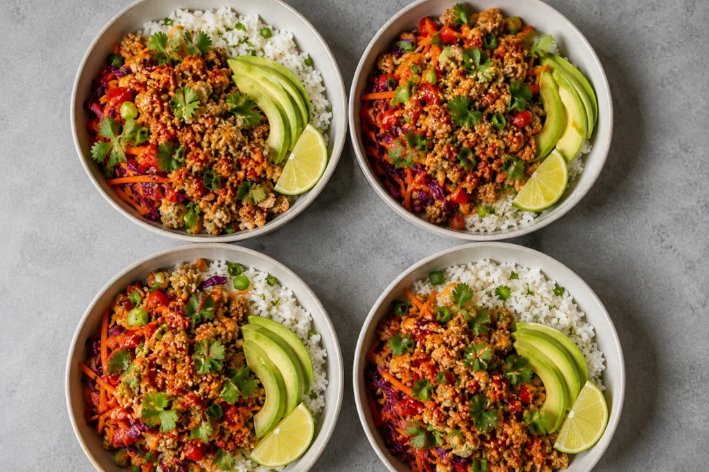 Ground Turkey Meal Prep Bowls arranged in four ceramic bowls with seasoned ground turkey, white rice, avocado slices, shredded vegetables, fresh cilantro, and lime wedges on a gray background.