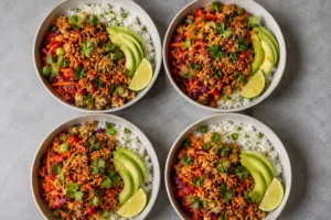 Ground Turkey Meal Prep Bowls arranged in four ceramic bowls with seasoned ground turkey, white rice, avocado slices, shredded vegetables, fresh cilantro, and lime wedges on a gray background.