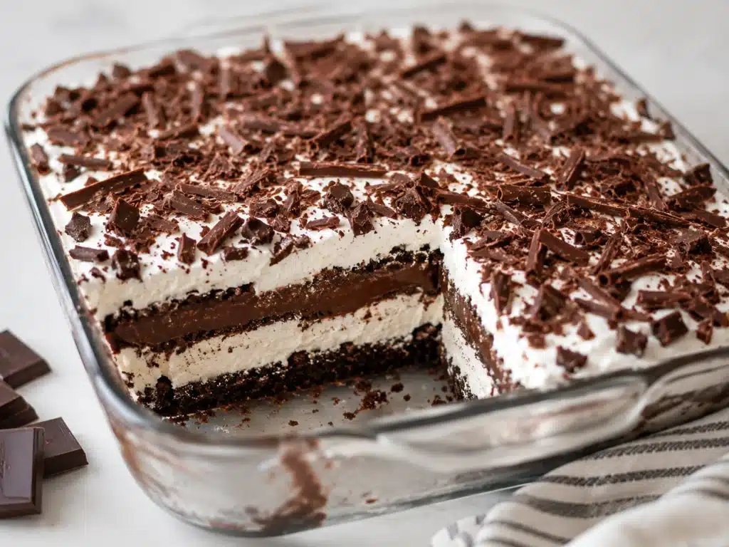 Guilt-Free Chocolate Lasagna layered with creamy filling, rich chocolate pudding, chocolate cookie crust, whipped topping, and dark chocolate shavings in a glass baking dish.