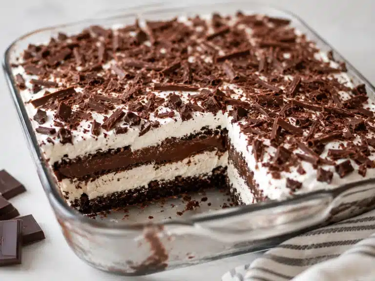 Guilt-Free Chocolate Lasagna layered with creamy filling, rich chocolate pudding, chocolate cookie crust, whipped topping, and dark chocolate shavings in a glass baking dish.