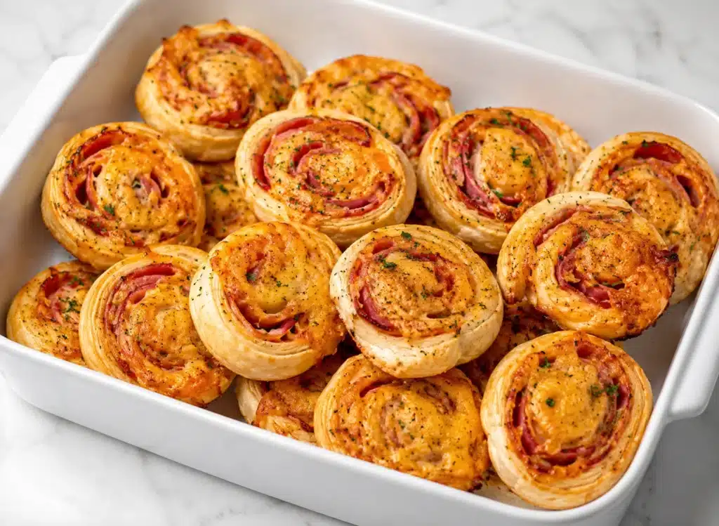 Golden baked Ham and Cheese Pinwheels arranged in a white baking dish, featuring flaky pastry layers, melted cheddar cheese, and savory ham.