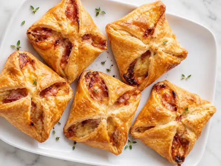 Golden Ham and Cheese Puff Pastry Pockets filled with melted cheese and savory ham, served on a white platter.