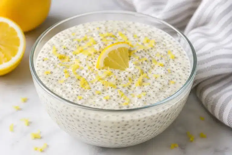 Healthy Lemon Chia Protein Pudding served in a clear glass bowl and topped with fresh lemon zest and a lemon slice.
