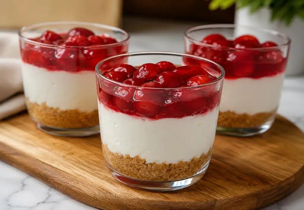 High Protein Cheesecake Jars layered with a graham cracker crust, creamy cheesecake filling, and fresh berry topping in clear glass cups.