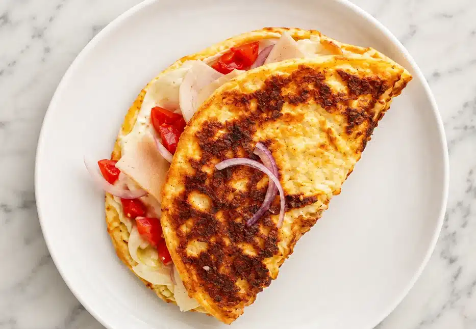High-Protein Halloumi Egg Wrap served on a white round plate with crispy halloumi, fluffy eggs, fresh tomatoes, and red onion slices.