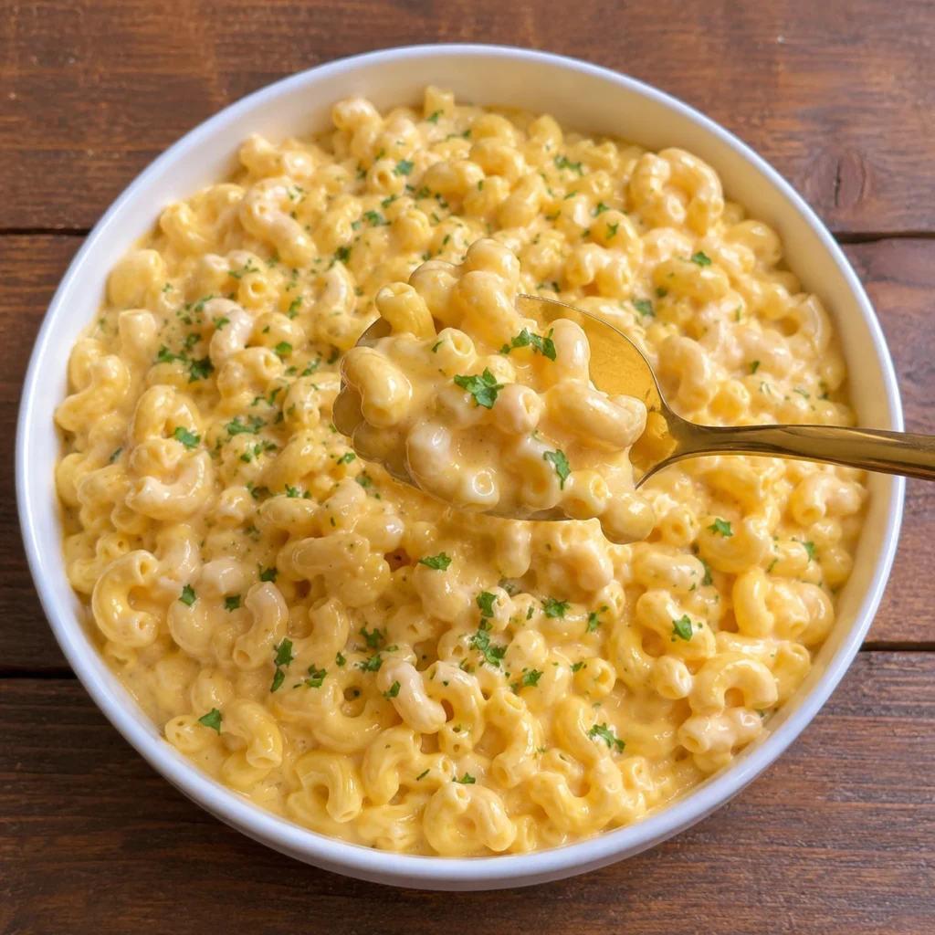 Creamy High Protein Mac and Cheese Recipe served in a white round bowl with rich cheese sauce, elbow pasta, and fresh parsley garnish.