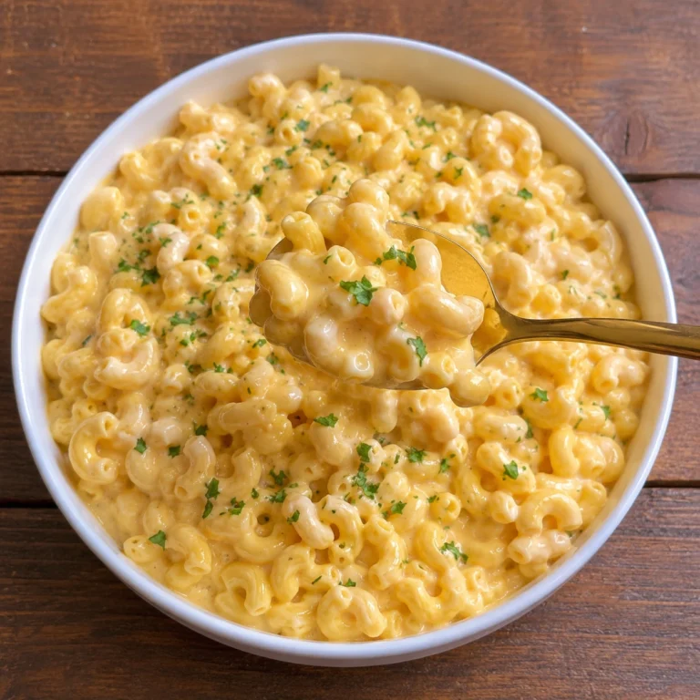 Creamy High Protein Mac and Cheese Recipe served in a white round bowl with rich cheese sauce, elbow pasta, and fresh parsley garnish.