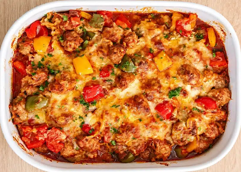 Cheesy Italian Sausage and Pepper Casserole baked in a white casserole dish with melted cheese, Italian sausage, colorful bell peppers, and rich tomato sauce on a light wooden surface.