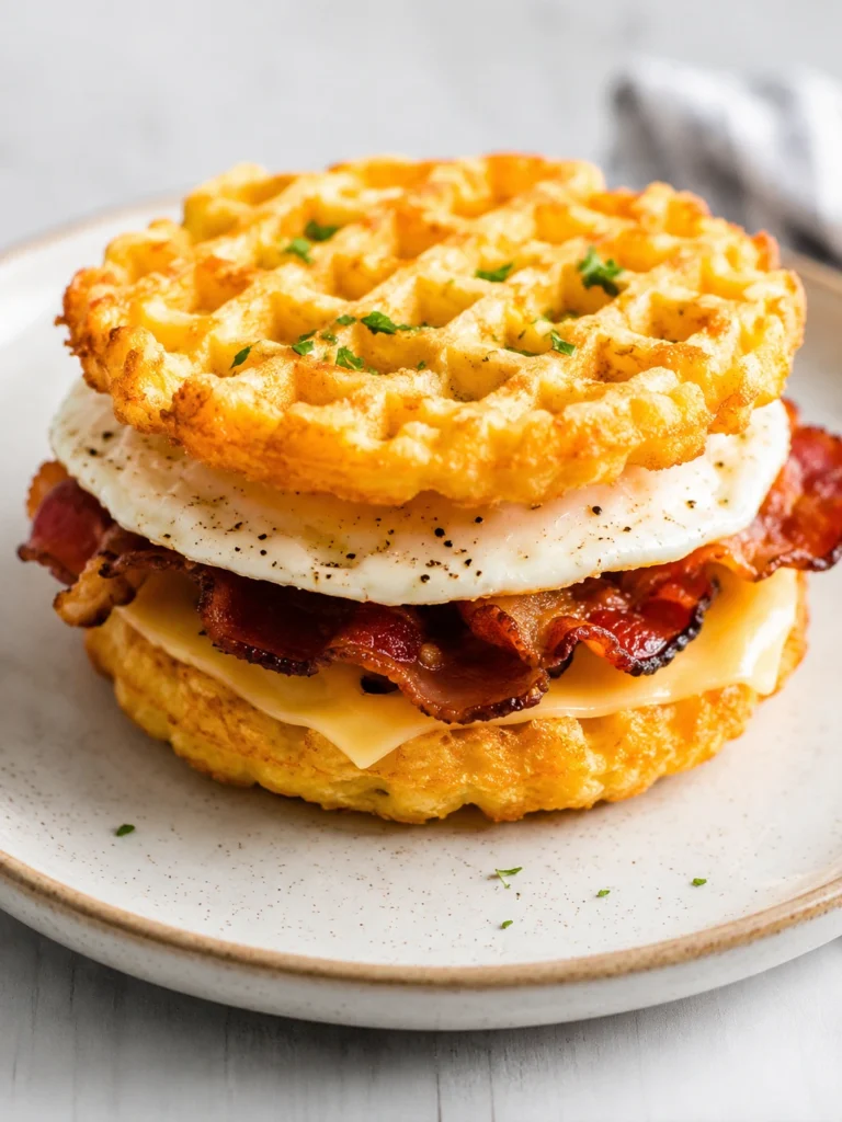 Keto Breakfast Sandwich Chaffles with crispy cheese chaffles, bacon, melted cheese, and a fried egg served on a round white plate.