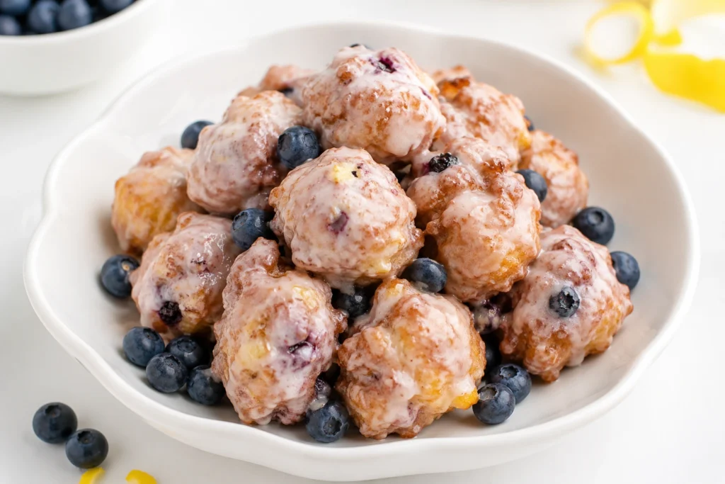 Lemon Blueberry Fritters coated in a sweet lemon glaze and served in a white bowl with fresh blueberries, photographed in bright natural light.