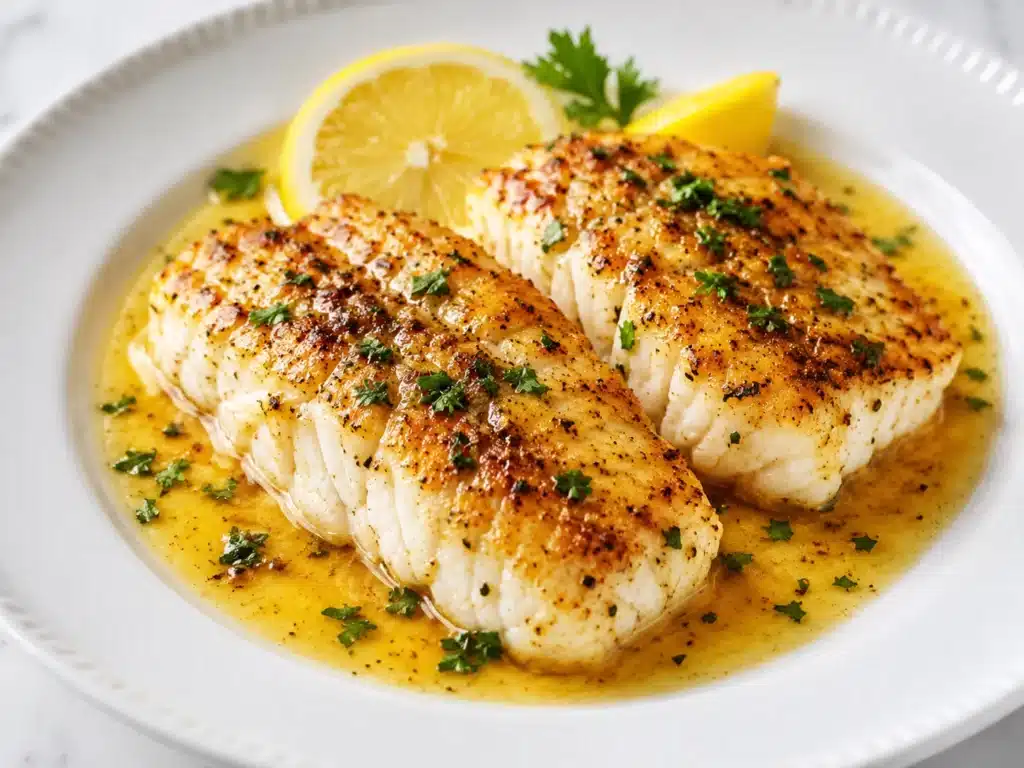 Lemon Butter Pan Seared Cod Recipe served on a white plate with golden seared cod fillets, rich lemon butter sauce, fresh parsley, and lemon slices.