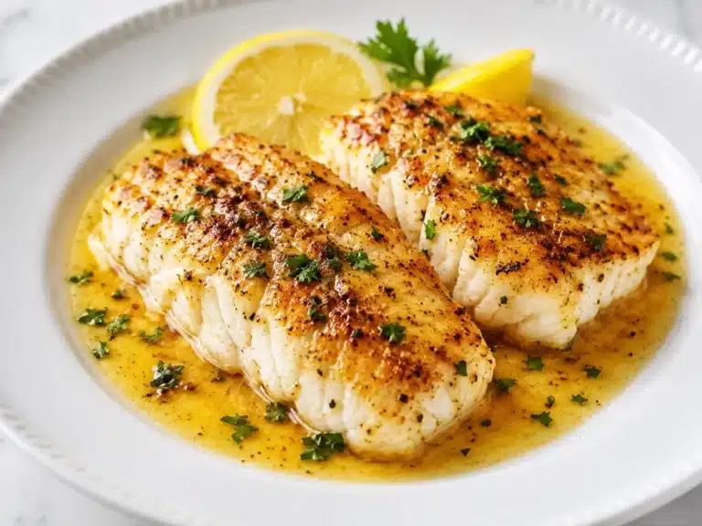 Lemon Butter Pan Seared Cod Recipe served on a white plate with golden seared cod fillets, rich lemon butter sauce, fresh parsley, and lemon slices.