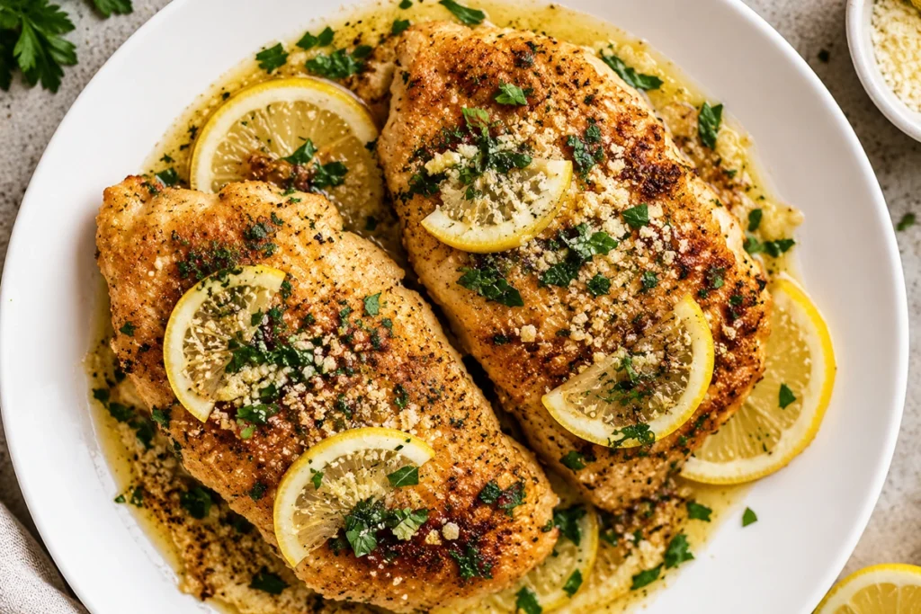 Lemon Chicken Romano Recipe served on a white plate with golden chicken breasts, fresh lemon slices, Romano cheese, and a rich buttery lemon sauce.