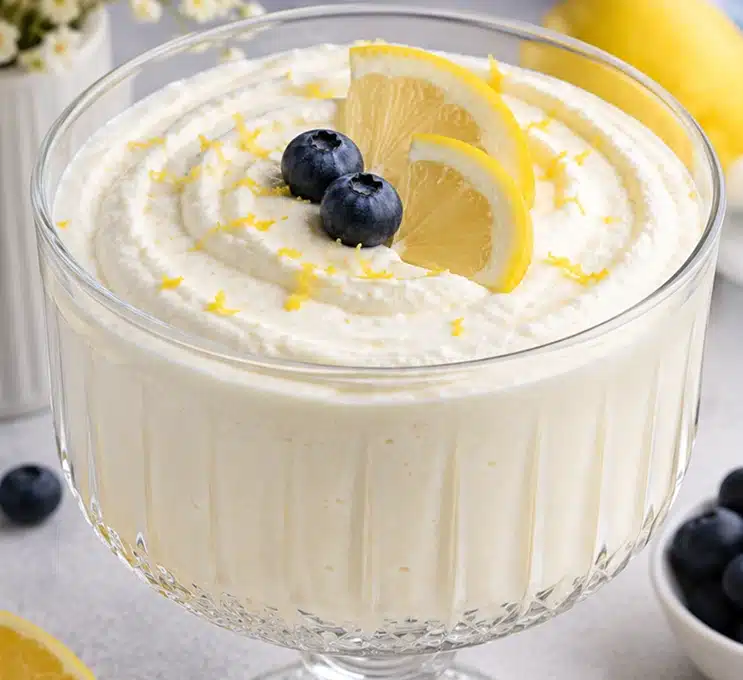 Creamy Lemon Greek Yogurt Protein Mousse served in an elegant glass dessert bowl, topped with fresh lemon slices, blueberries, and lemon zest for a high-protein healthy treat.