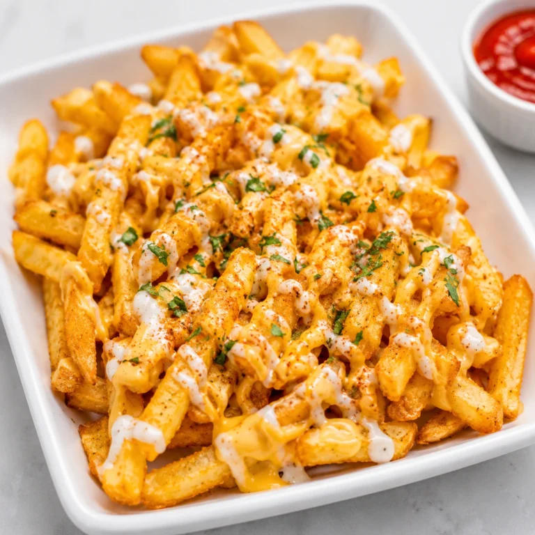 Louisiana Voodoo Fries topped with creamy Cajun cheese sauce, ranch drizzle, and fresh parsley, served in a white dish.