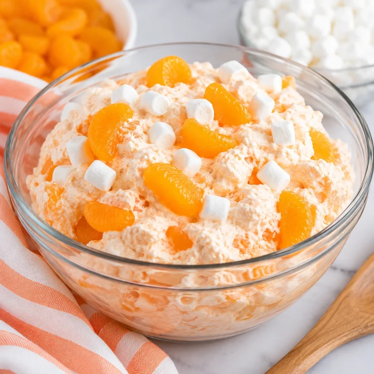 Mandarin Orange Fluff Salad served in a clear glass bowl, topped with juicy mandarin orange segments and mini marshmallows for an easy no-bake dessert.