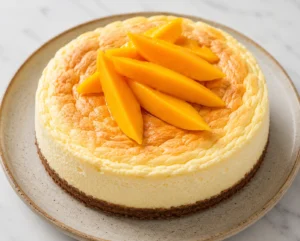Creamy Mango Protein Cheesecake Recipe topped with fresh mango slices on a golden baked cheesecake crust served on a rustic dessert plate.