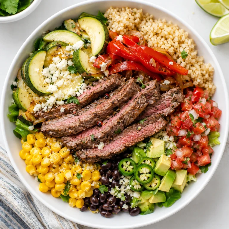 Meal Prep Steak Bowls served in a white bowl with sliced grilled steak, quinoa, zucchini, bell peppers, avocado, black beans, corn, and fresh pico de gallo. A colorful high-protein meal prep recipe perfect for healthy lunches and dinners.