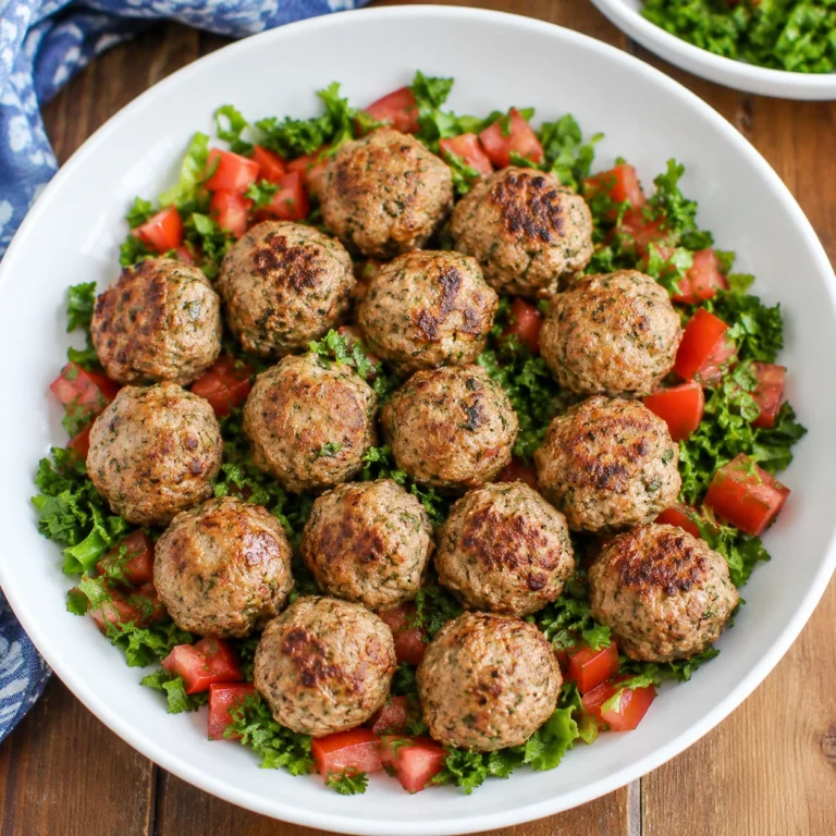 Mediterranean Baked Feta Turkey Meatballs served in a white bowl with fresh herbs, diced tomatoes, and leafy greens for a healthy Mediterranean-inspired meal.