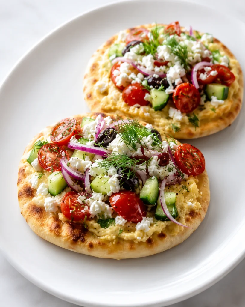 Mediterranean Mini Lahmacun Bites with Yogurt Drizzle topped with cherry tomatoes, cucumber, red onion, feta cheese, olives, and fresh herbs served on a white plate.