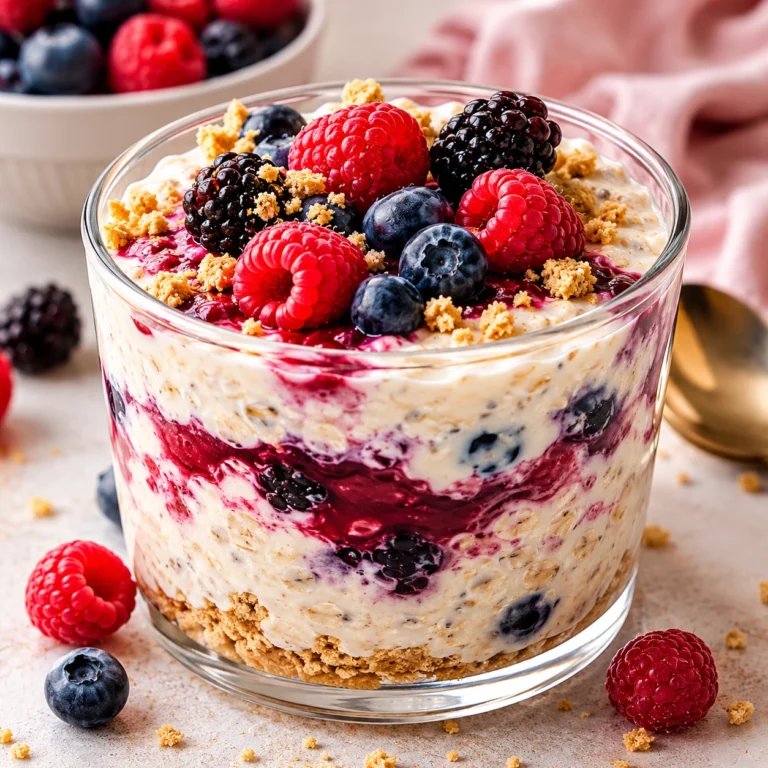 Mixed Berry Cheesecake-Inspired Overnight Oats served in a clear glass bowl with layers of creamy oats, fresh raspberries, blueberries, blackberries, and crunchy cookie crumbs.