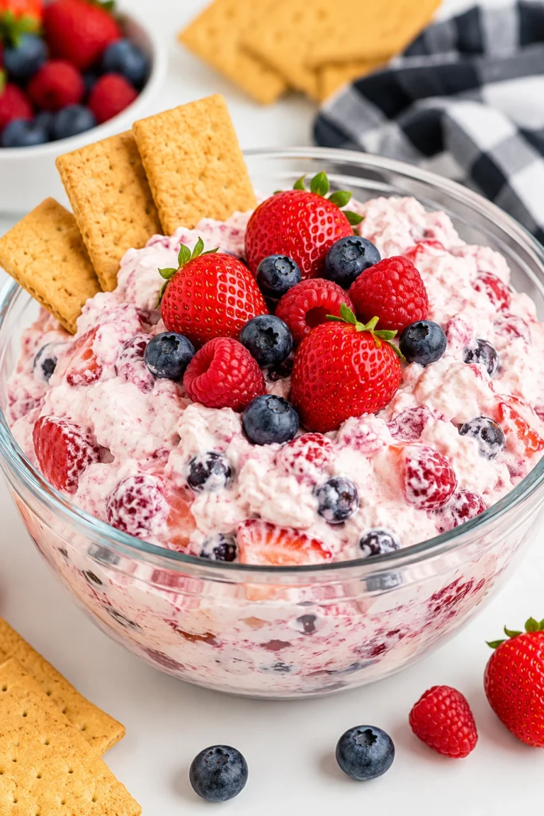Mixed Berry Fluff Salad served in a clear glass bowl, topped with fresh strawberries, raspberries, and blueberries for a creamy no-bake dessert.