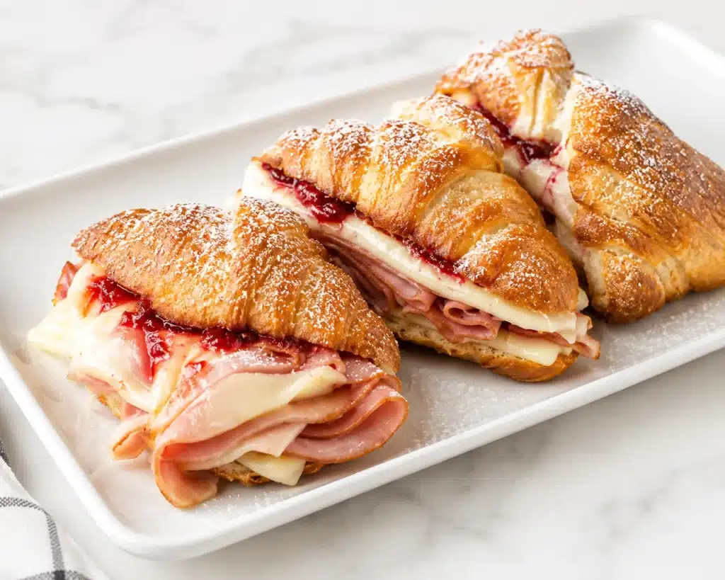 Monte Cristo Croissant Sandwiches served on a white platter with flaky croissants, layers of ham, melted Swiss cheese, raspberry jam, and powdered sugar.