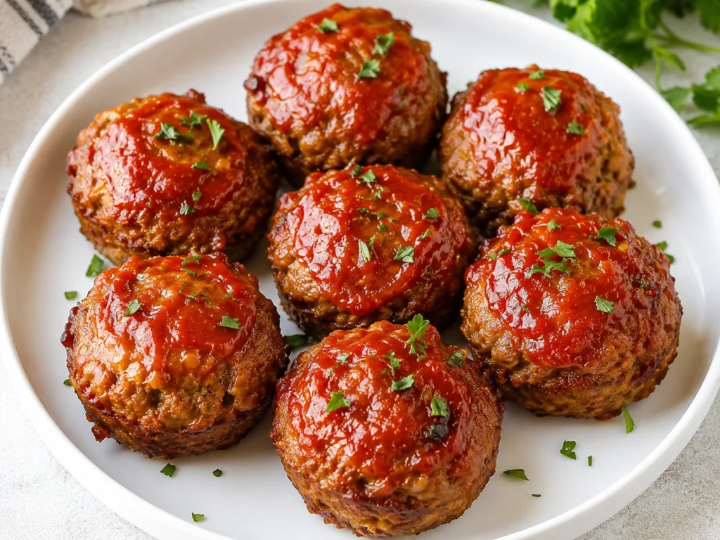 Muffin-Tin Garlic Parmesan Mini Meatloaves served on a white round plate, topped with a rich tomato glaze and fresh parsley, perfect for an easy family dinner.