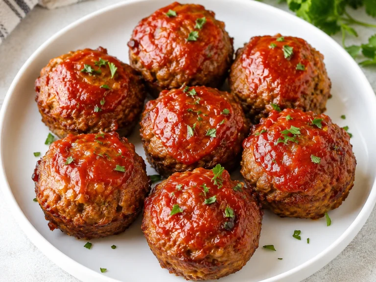 Muffin-Tin Garlic Parmesan Mini Meatloaves served on a white round plate, topped with a rich tomato glaze and fresh parsley, perfect for an easy family dinner.
